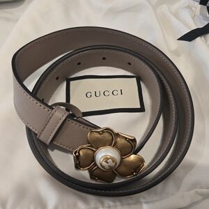 Gucci Pink Leather Belt with Gold Floral Buckle